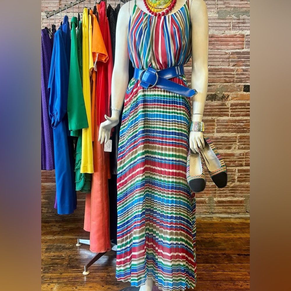 Amanda Lane Accordion Pleated Rainbow Maxi Dress